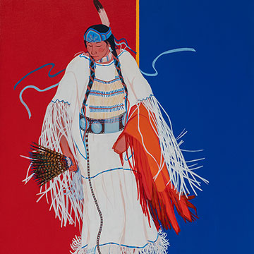 A Native American figure in traditional dress on a background that is half red and half blue